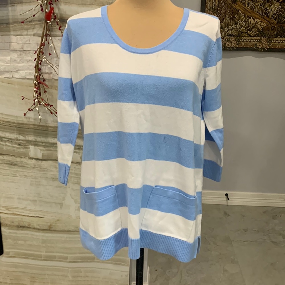 JEANNE PIERRE Light Blue and White Striped Pocket Sweater